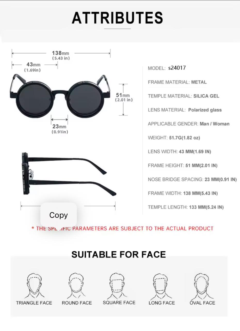 Steampunk Round Black Sunglasses with Carbon Fiber Zip Case