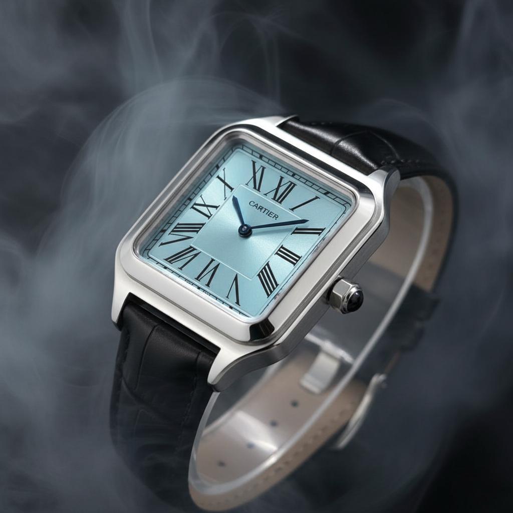 Cartier Santos-Dumont Watch – Silver Case with Light Blue Dial & Black Leather Strap