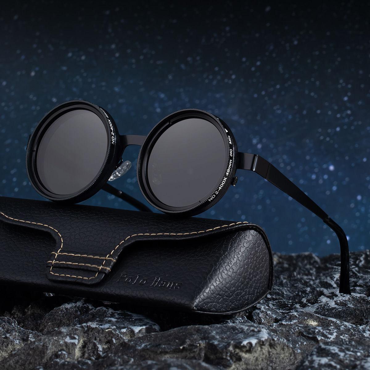 Steampunk Round Black Sunglasses with Carbon Fiber Zip Case