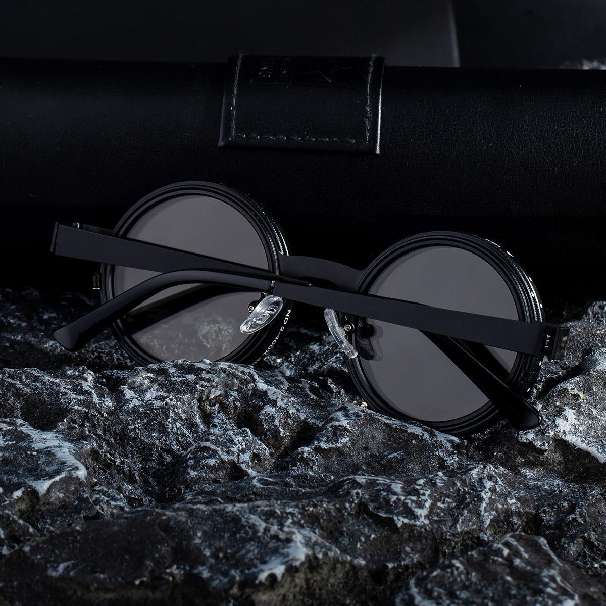 Steampunk Round Black Sunglasses with Carbon Fiber Zip Case
