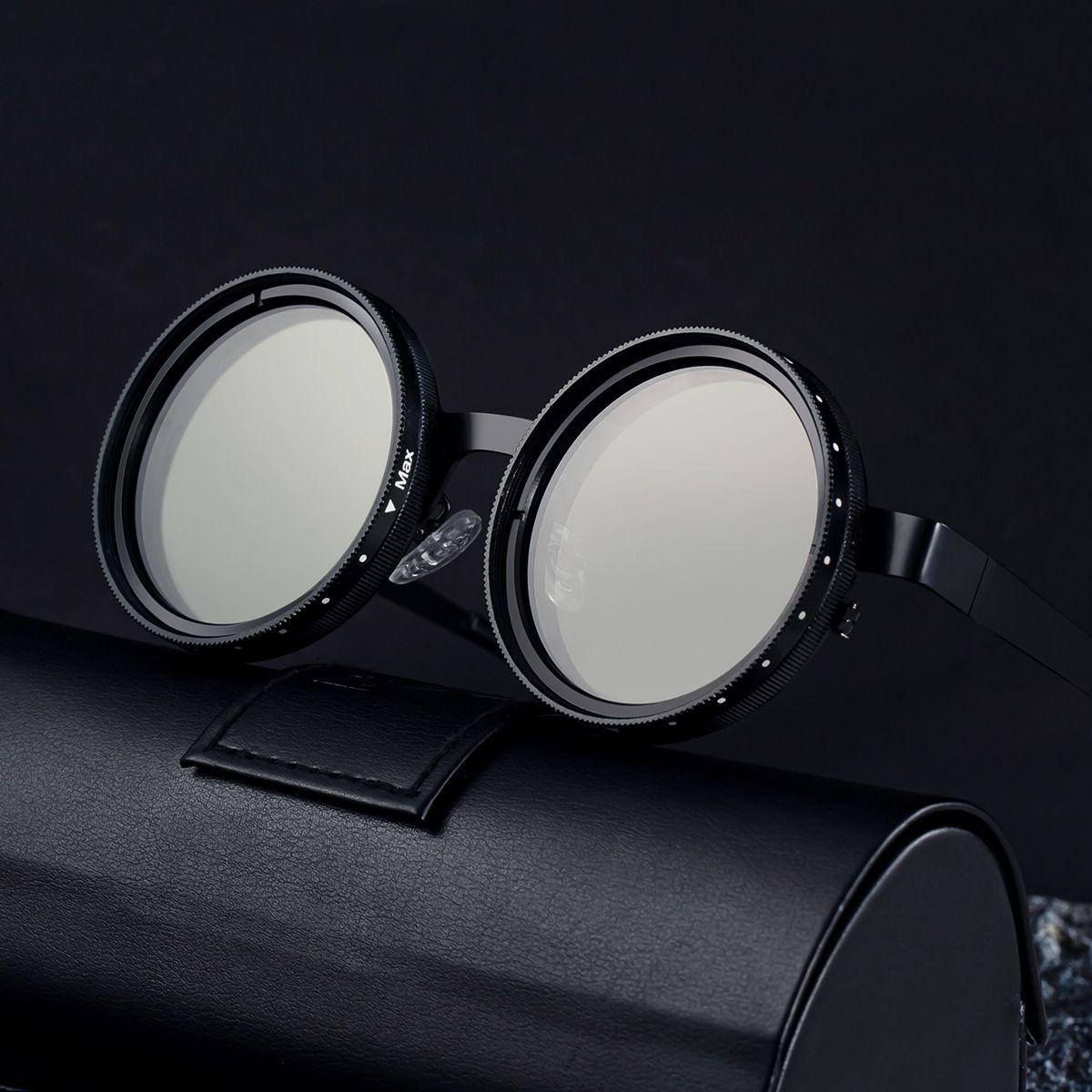 Steampunk Round Black Sunglasses with Carbon Fiber Zip Case