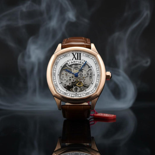 Cartier Skeleton Rose Gold Watch with Brown Leather Strap