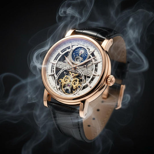 Rose Gold Skeleton Tourbillon Wristwatch with Black Leather Strap