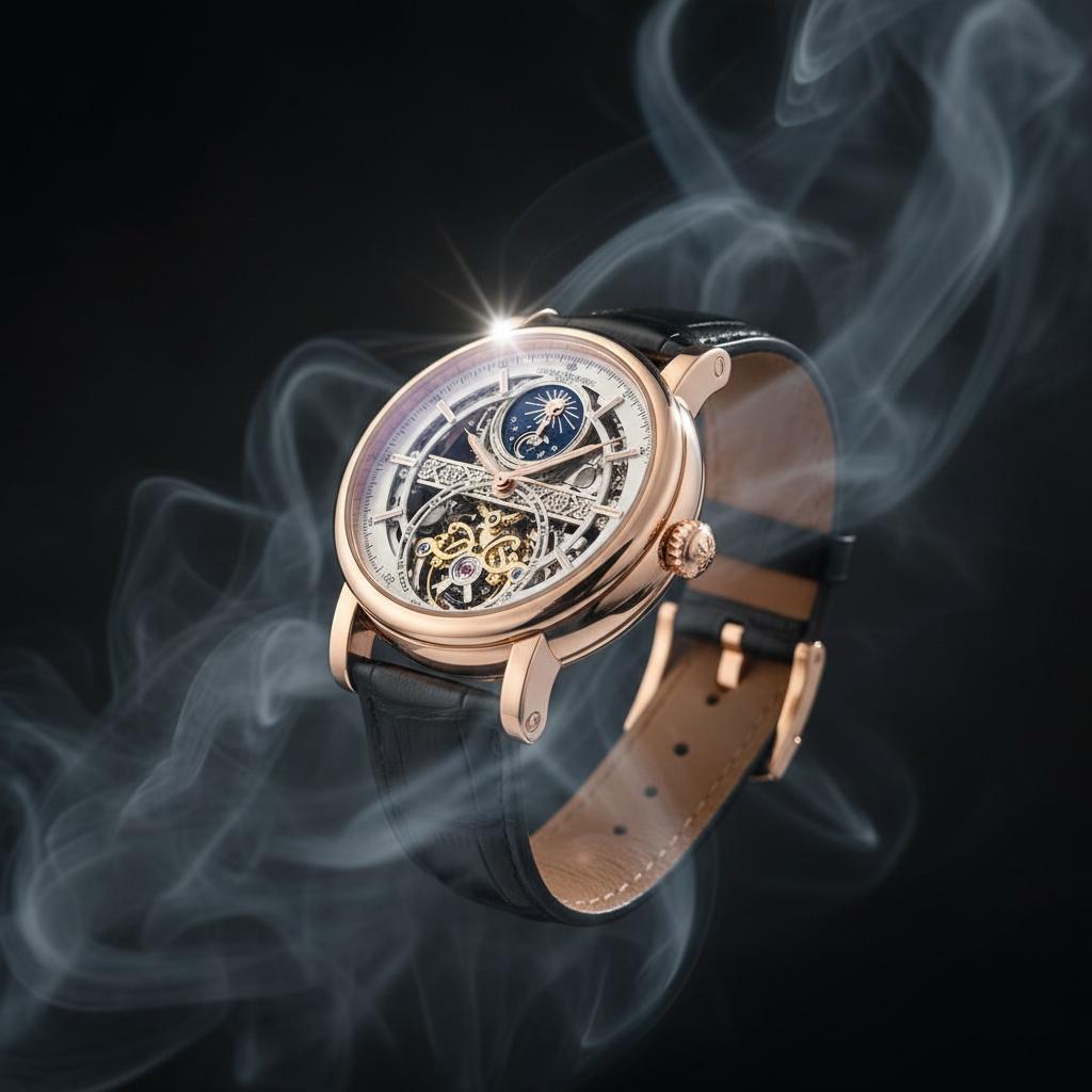 Rose Gold Skeleton Tourbillon Wristwatch with Black Leather Strap