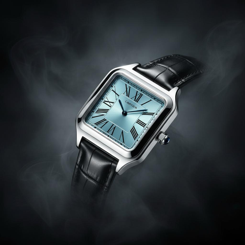 Cartier Santos-Dumont Watch – Silver Case with Light Blue Dial & Black Leather Strap