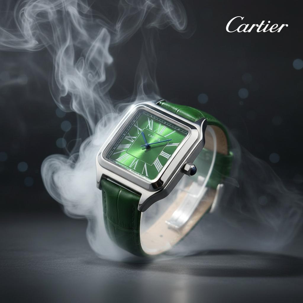 Cartier Santos-Dumont Watch – Silver Case with Light Blue Dial & Black Leather Strap