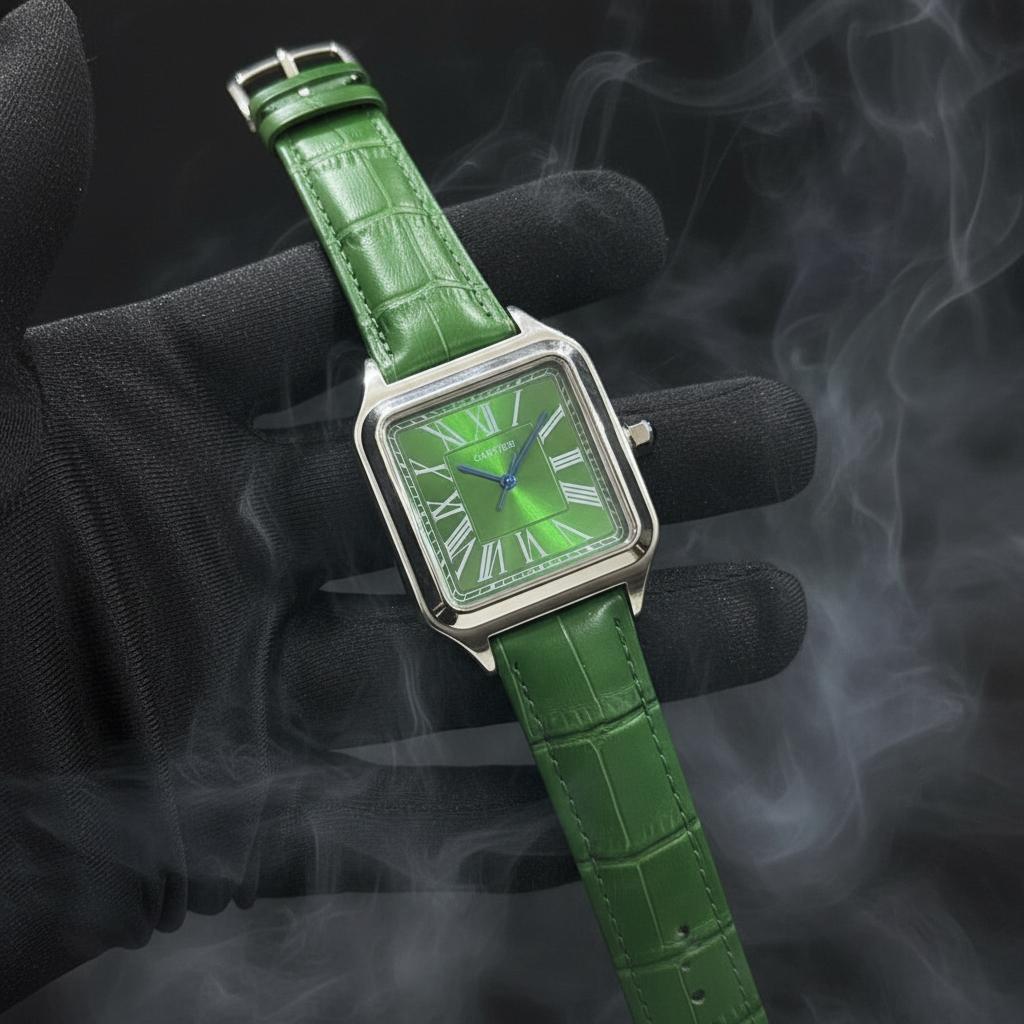 Cartier Santos-Dumont Watch – Silver Case with Light Blue Dial & Black Leather Strap