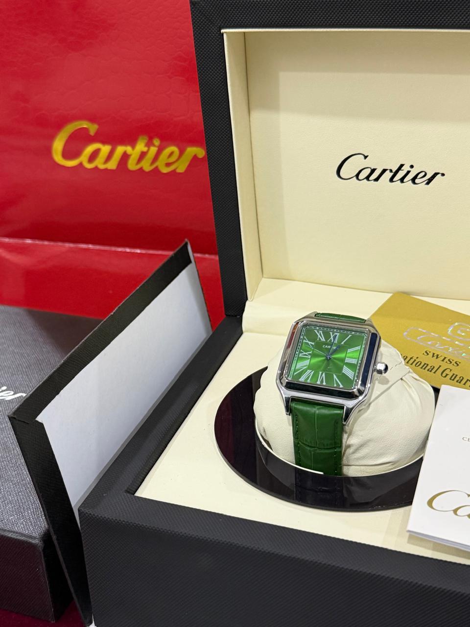 Cartier Santos-Dumont Watch – Silver Case with Light Blue Dial & Black Leather Strap