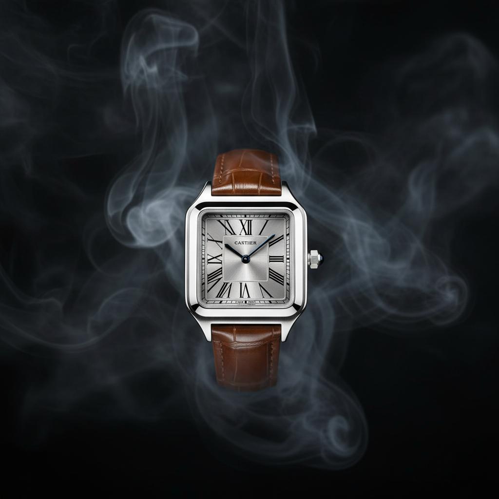 Cartier Santos-Dumont Watch – Silver Case with Light Blue Dial & Black Leather Strap