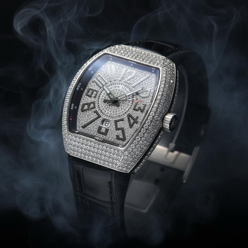 Diamond‑Encrusted Luxury Watch – Black Arabic Numeral Timepiece
