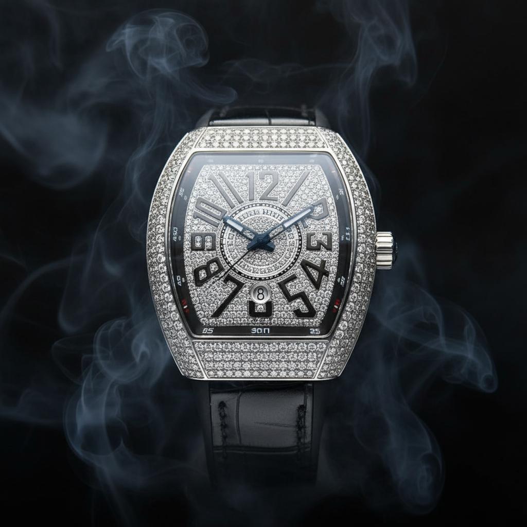 Diamond‑Encrusted Luxury Watch – Black Arabic Numeral Timepiece