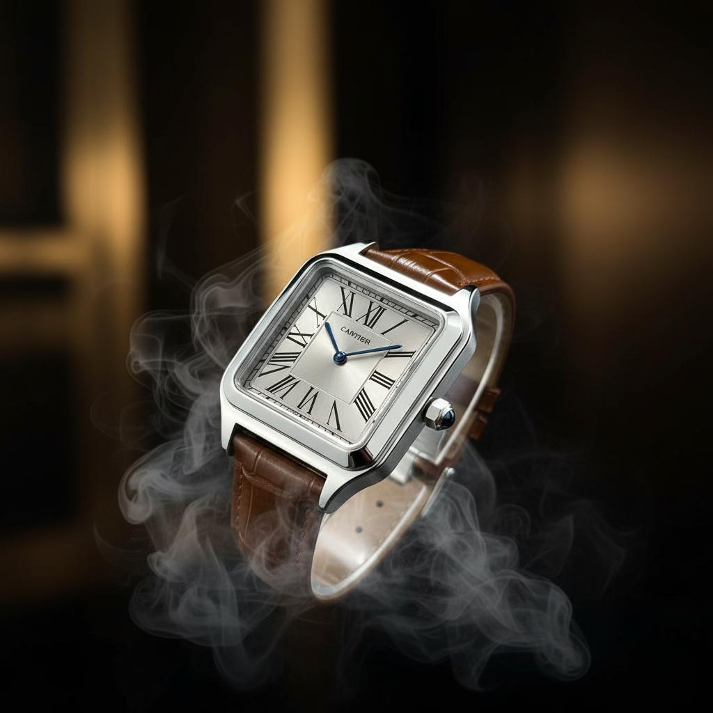 Cartier Santos-Dumont Watch – Silver Case with Light Blue Dial & Black Leather Strap