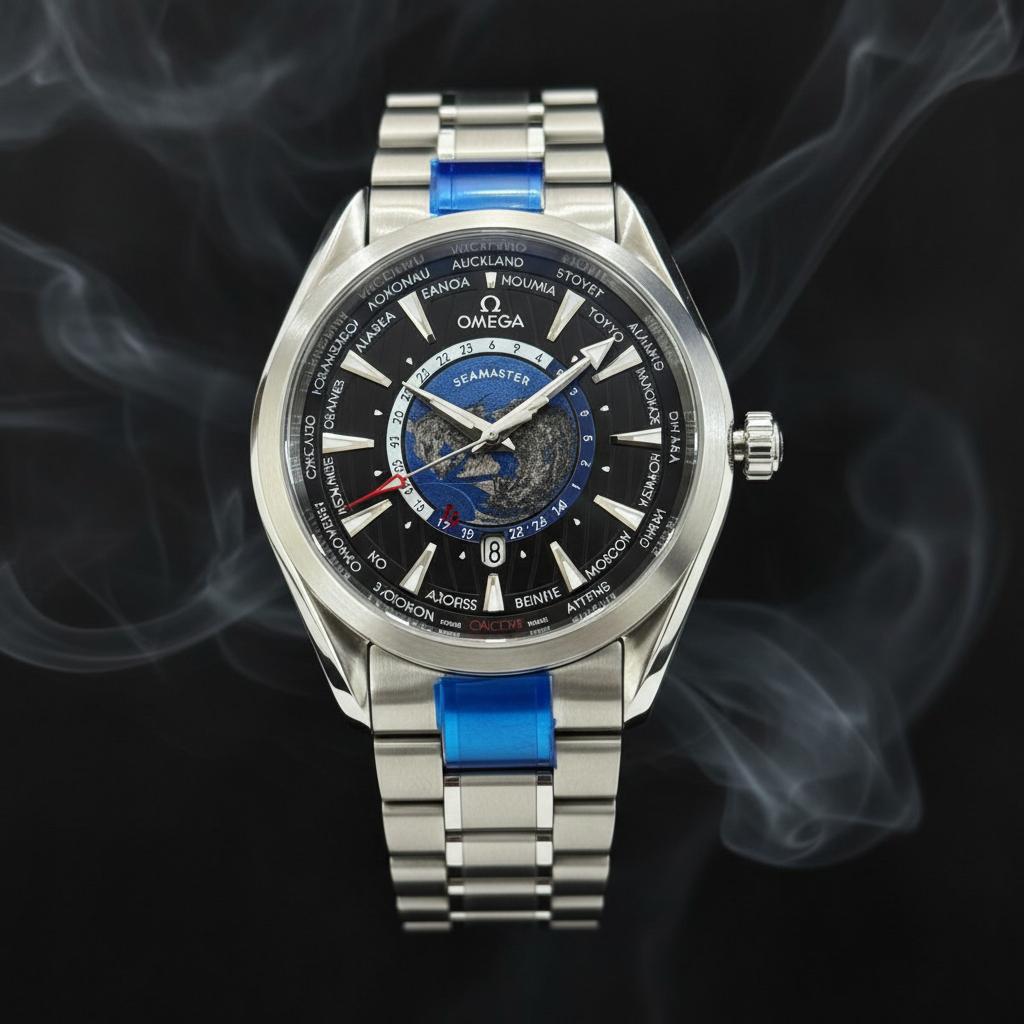 Omega Seamaster Worldtimer Stainless Steel Watch with Blue Accent